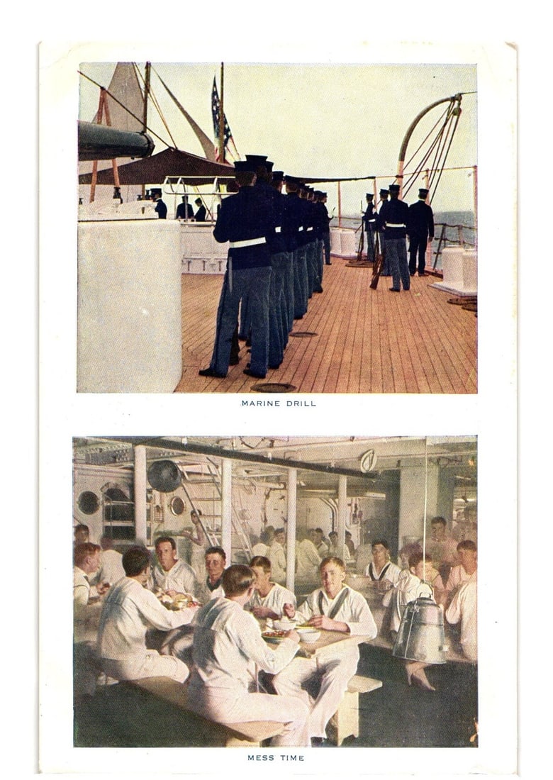 Two scenes of early 20th century United States Navy life, 'Marine Drill' and 'Mess Time' postcard: A color lithograph postcard featuring two distinct scenes of early 20th century United States Navy life. The upper image, titled 'MARINE DRILL', depicts a line of sailors in dark blue uniforms on the 