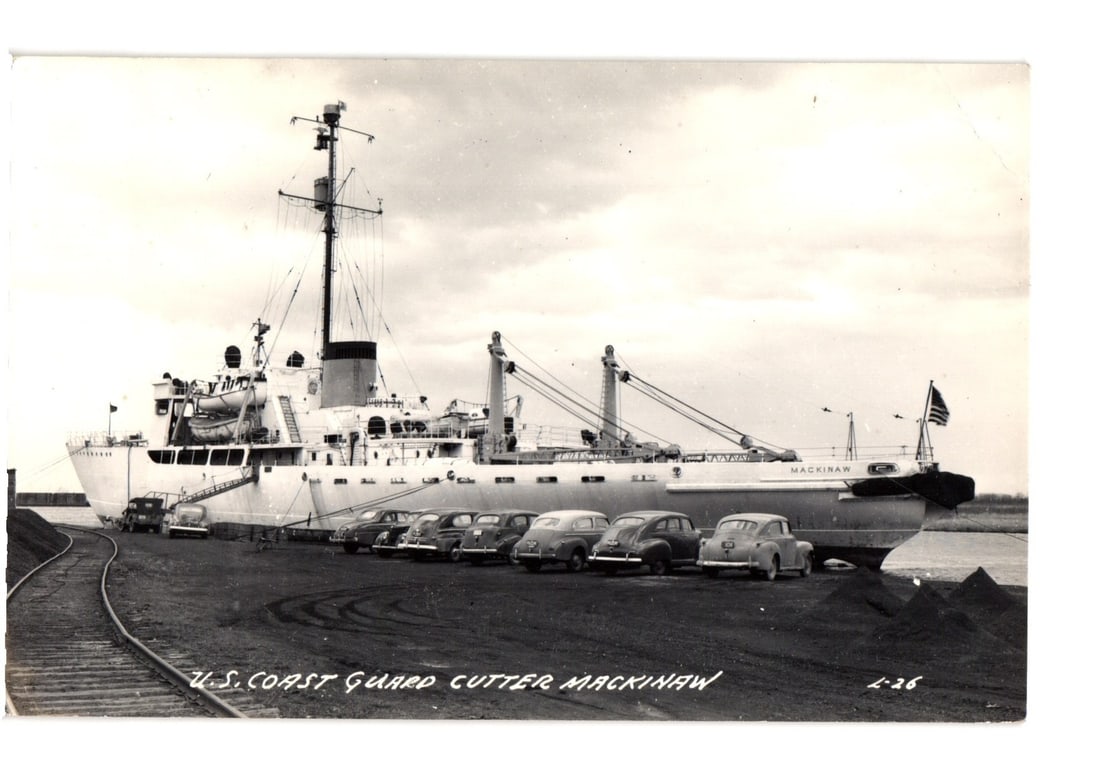 U.S. Coast Guard Cutter Mackinaw Ship with Vintage Cars Docked Postcard, 1940s-1950s (1 of 2)