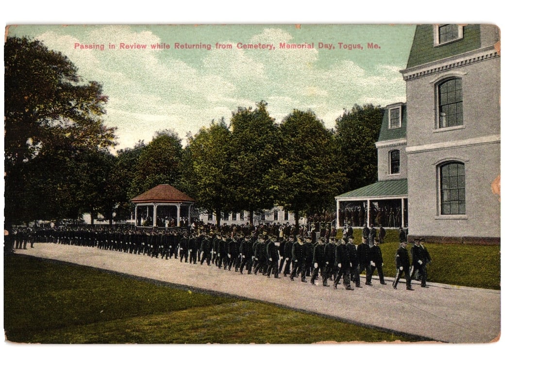 Procession of Uniformed Men Returning from Cemetery on Memorial Day in Togus, Maine Postcard (1 of 2)