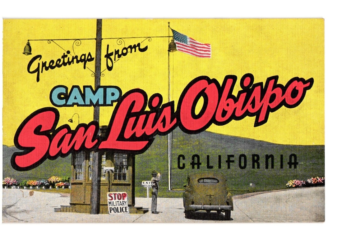Greetings from Camp San Luis Obispo, California military gate and vintage car postcard (1 of 2)