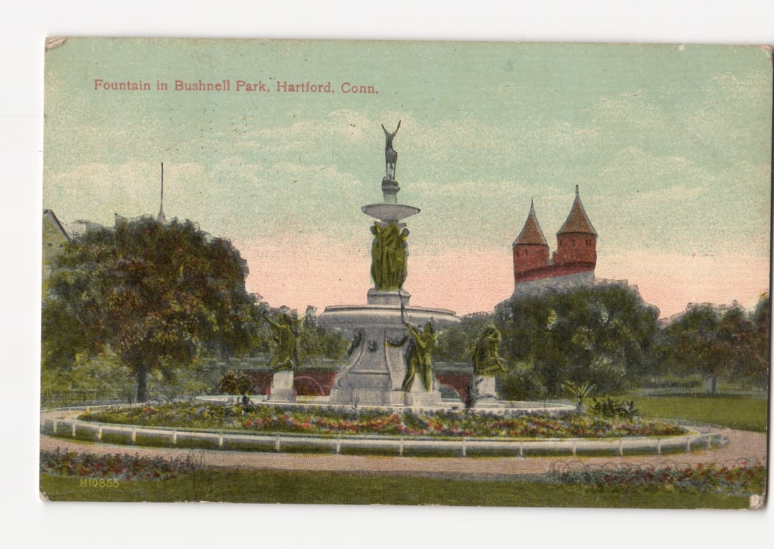 Historic 1912 Postcard of Fountain in Bushnell Park, Hartford, Connecticut - Early 20th Century (1 of 2)