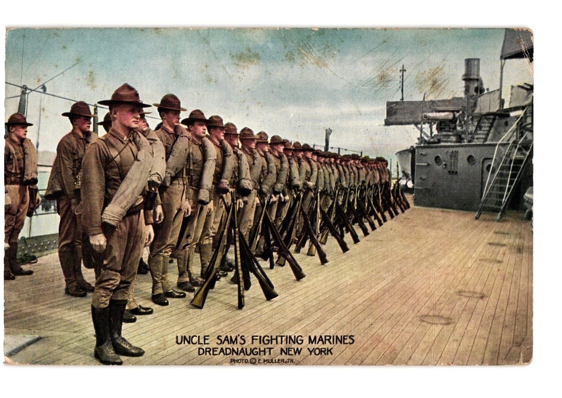 New York Postcard Depicting Early 20th Century Marines in Formation Aboard a Dreadnaught (1 of 2)