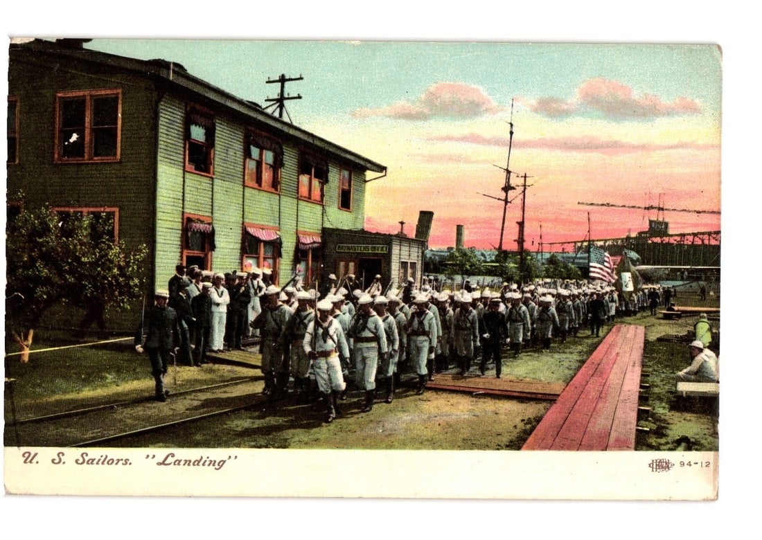 U.S. Sailors "Landing" on Waterfront Near Building, Sunset Sky, Early 1900s Postcard (1 of 2)
