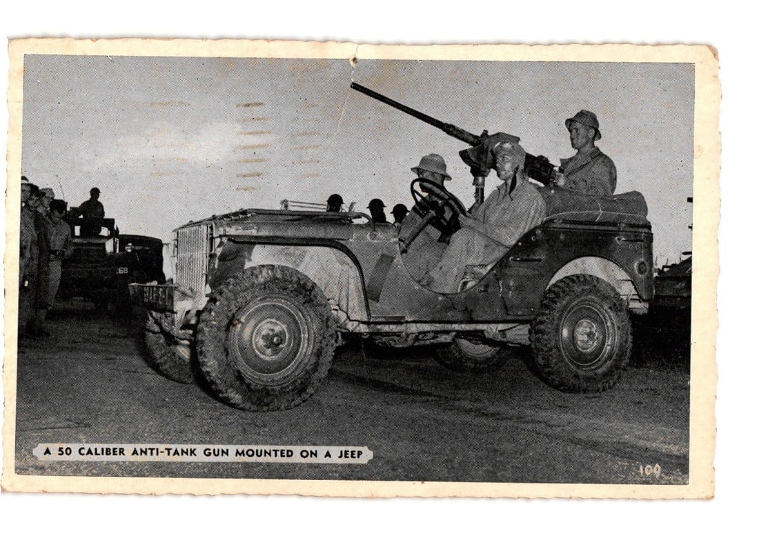WWII Era Photographic Postcard: .50 Caliber Anti-Tank Gun Mounted on a Jeep with Soldiers (1 of 2)