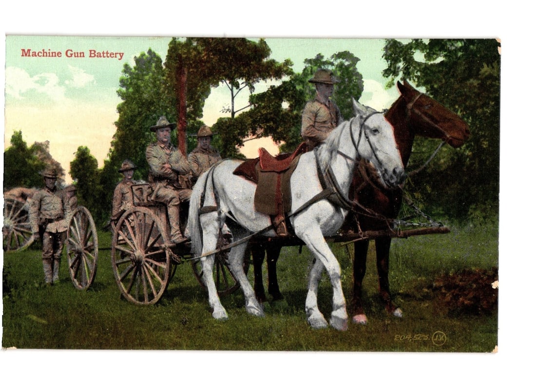 Early 20th Century Military Postcard Depicting a Horse-Drawn Machine Gun Battery with Soldiers (1 of 2)