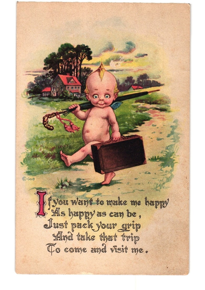 Whimsical Cupid-like Figure with Suitcase and Staff, Gartner & Bender Postcard, c. 1910s: A stylized, cherubic figure dominates the foreground, depicted with large eyes, small wings, and a spiky tuft of hair. The figure walks right, holding a dark brown suitcase in one hand and a curved wa