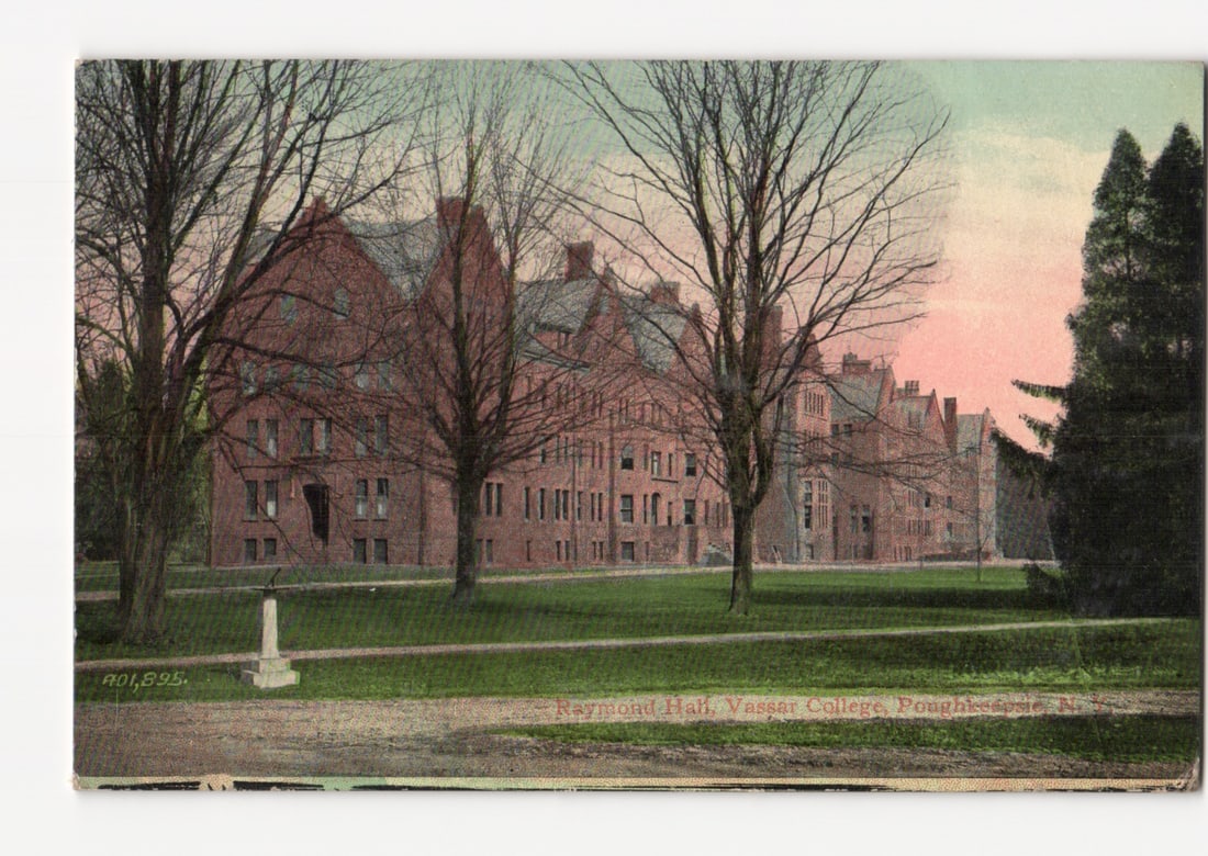 Raymond Hall, Vassar College, Poughkeepsie, N.Y. campus building, early 20th century postcard.: Raymond Hall, a large brick building with numerous windows, stands prominently across a wide grassy lawn. The multi-story structure is viewed from a slightly angled perspective, with several bare-bran