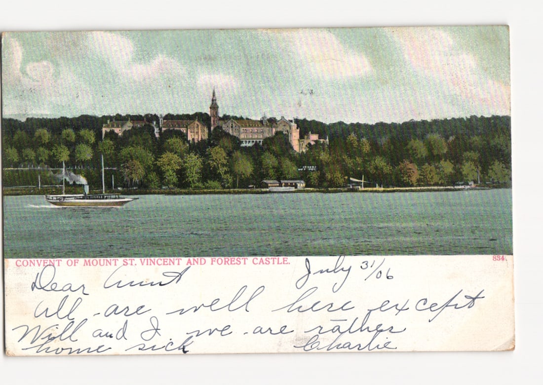Early 20th Century postcard: Convent of Mount St. Vincent and Forest Castle, New York, 1906. (1 of 2)