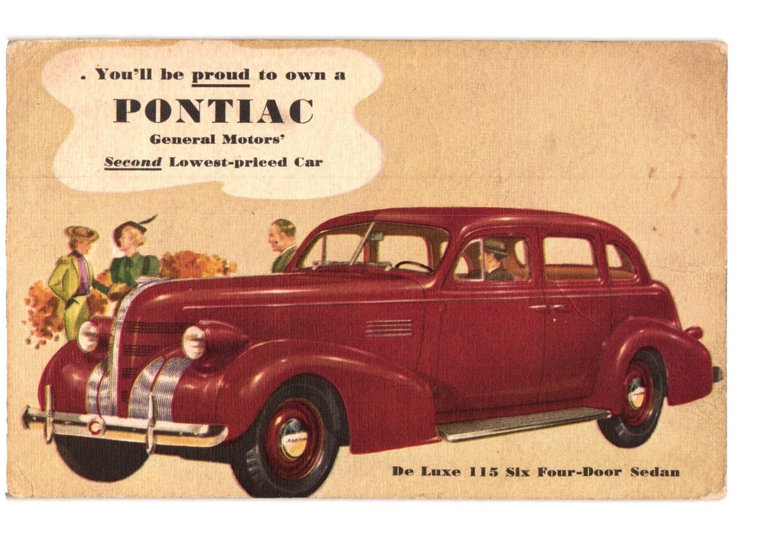 1939 Pontiac De Luxe 115 Six Four-Door Sedan Advertisement Postcard, General Motors (1 of 2)