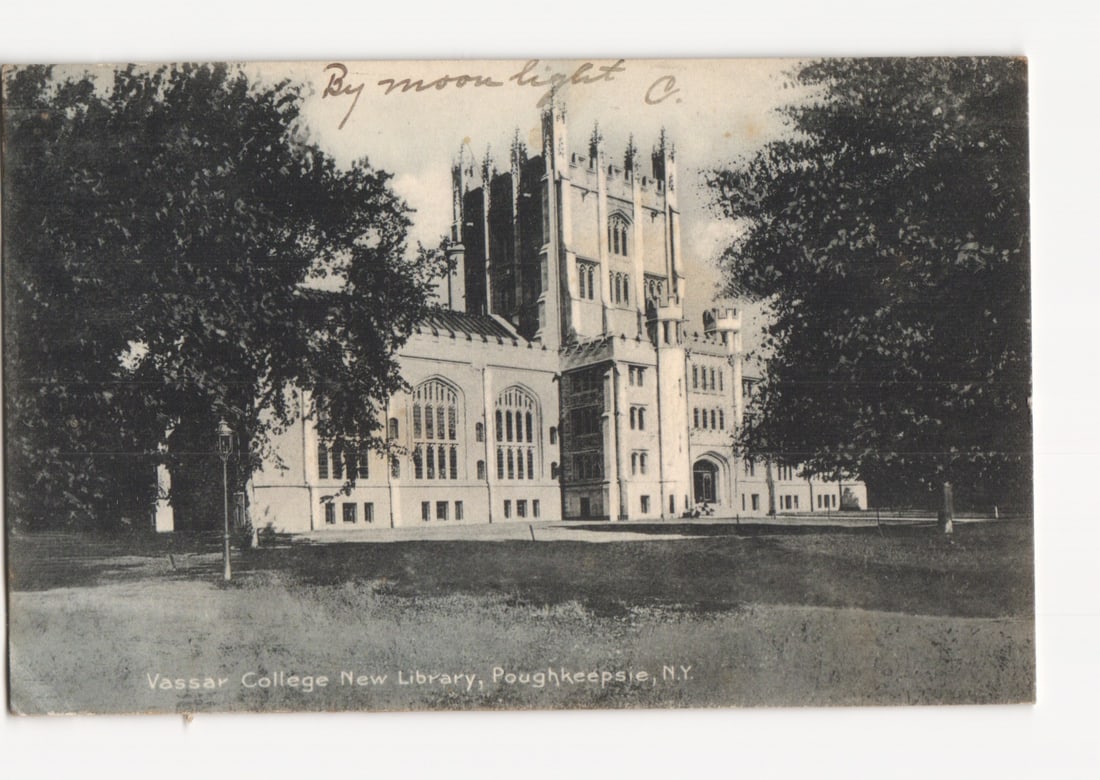 Vassar College New Library, Poughkeepsie, New York, Moonlight Architectural Postcard, circa 1908: A Gothic Revival style building, identified as the Vassar College New Library, is depicted. The structure features multiple turrets, arched windows, and extensive stone ornamentation. It is centrally 