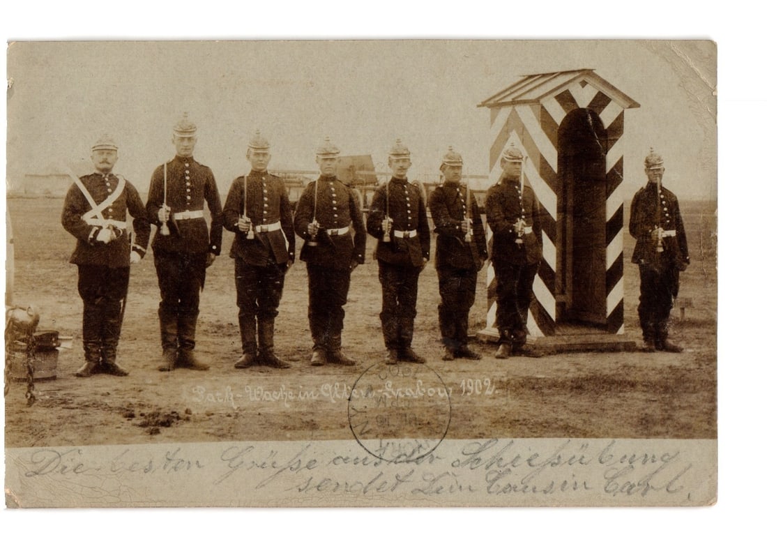 Sepia-Tone Real Photo Postcard of German Soldiers at Guard-Watch in Offen-Seaburg, 1902 (1 of 2)