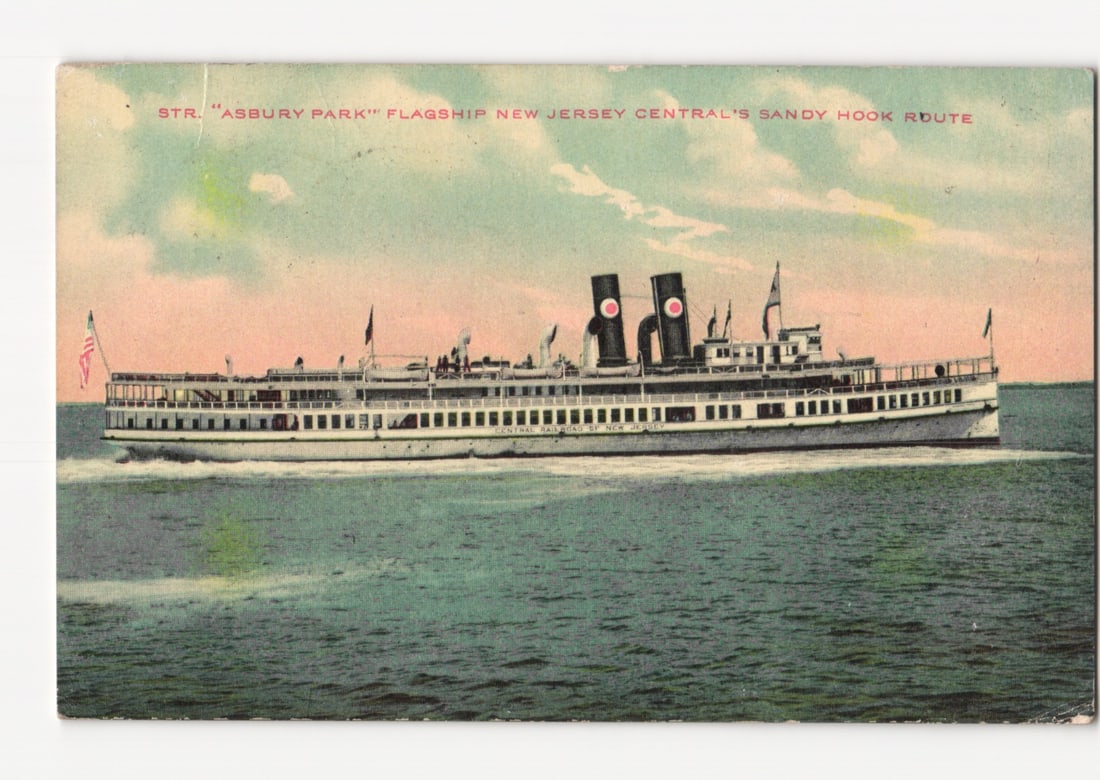 Steamship 'Asbury Park', Flagship of New Jersey Central's Sandy Hook Route, 1913 postcard (1 of 2)