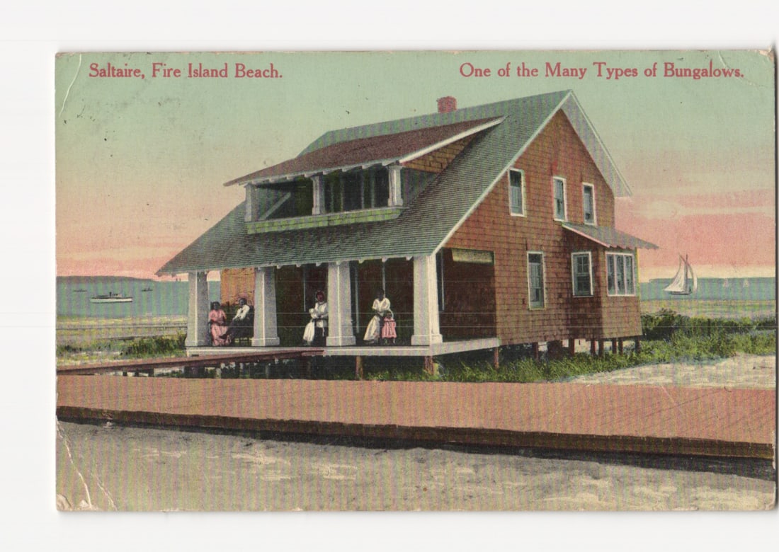 Saltaire, Fire Island Beach Bungalow, with Figures on Porch, Chromolithograph Postcard (1 of 2)