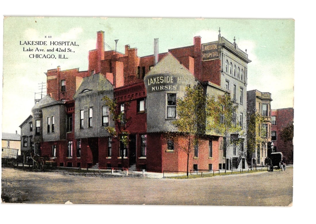 Lakeside Hospital, Lake Avenue and 42nd Street, Chicago, Illinois, 1913 era lithograph postcard. (1 of 2)