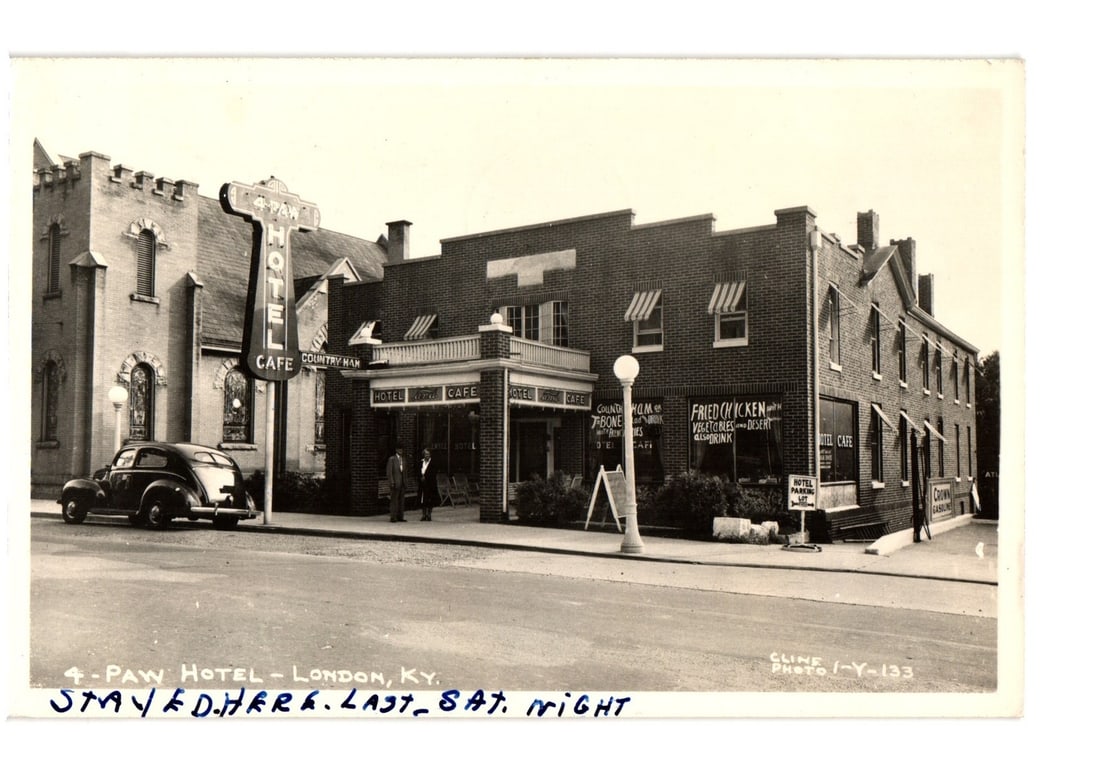 London, KY: 4-PAW Hotel & Cafe with Vintage Car, Mid-20th Century Photo Postcard (1 of 2)