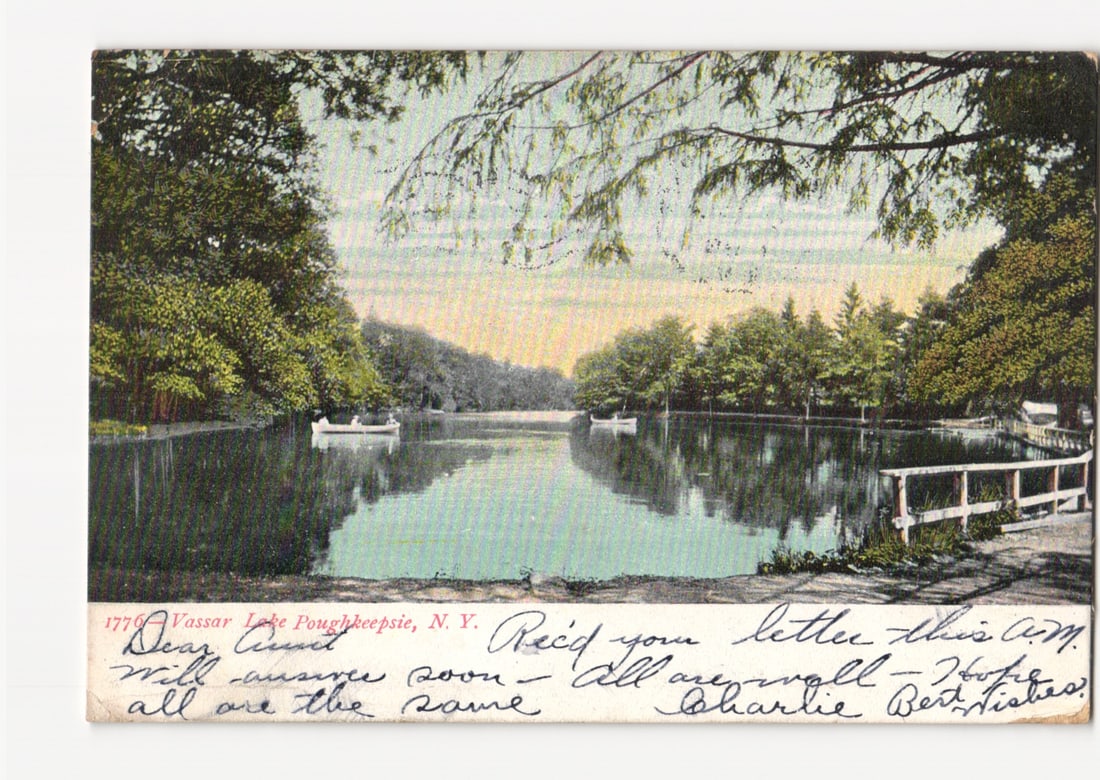 Vassar Lake Poughkeepsie, N.Y. Scenic Lake View with Two Boats, c. 1906 Chromolithograph postcard (1 of 2)