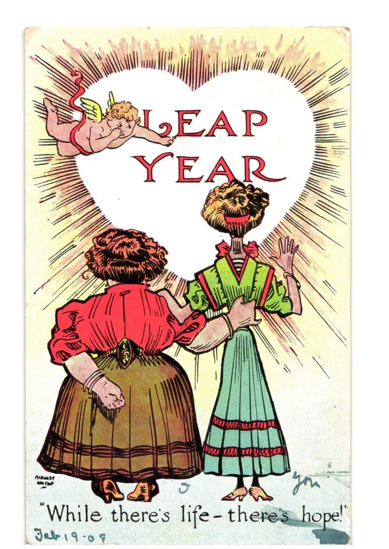 1909 Leap Year Illustrated Postcard with Cupid and Two Women, Northampton, Massachusetts Postmark (1 of 2)