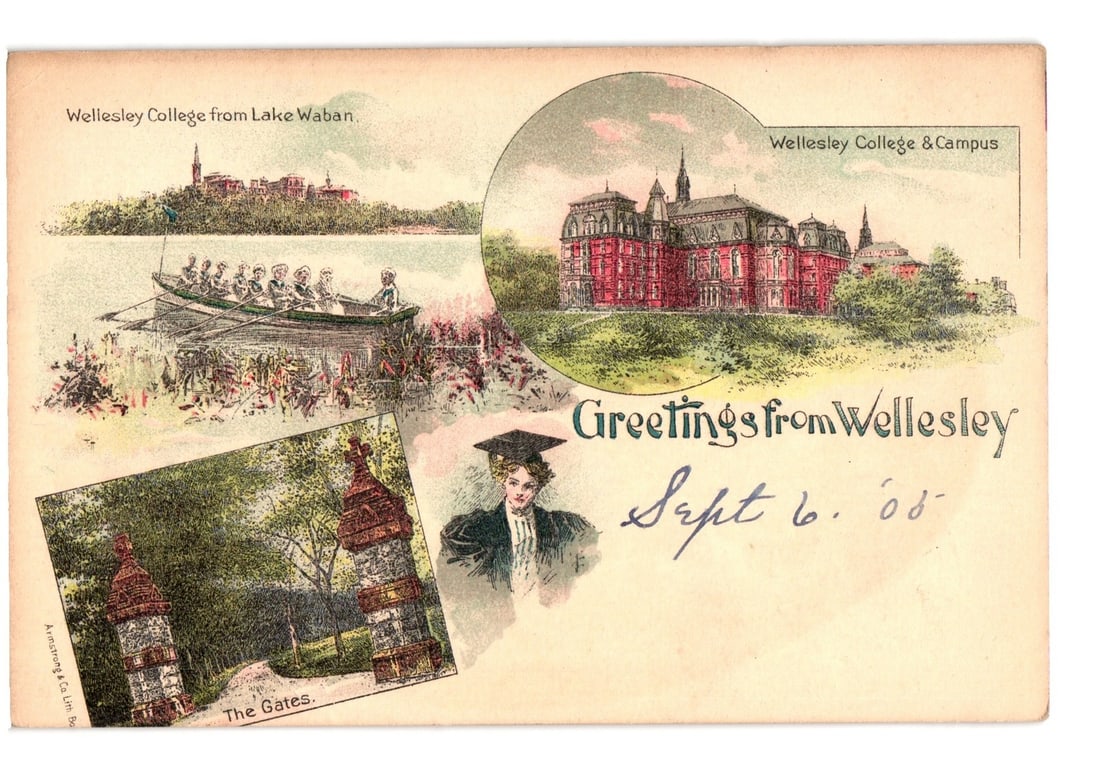 Wellesley College & Campus, Lake Waban, The Gates, Early 20th Century Lithograph Postcard: Chromolithograph postcard features multiple vignettes depicting Wellesley College. The main vignette, an oval in the upper right, shows a large red brick building complex with towers, identified as "W