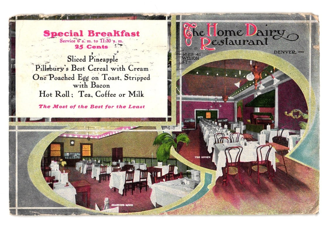 The Home Dairy Restaurant, Denver, Colorado Interior Views and Breakfast Menu Postcard: Interior views of The Home Dairy Restaurant, Denver, Colorado. The main image shows a dining room with tables set and a piano visible in the background. A smaller, oval inset depicts the 'MORNING ROOM