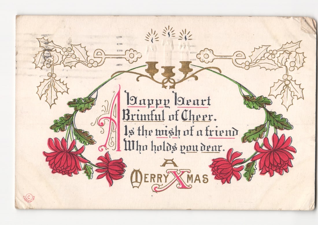 Festive Christmas Greeting postcard with Candles, Holly, and Chrysanthemums, Poughkeepsie Postmark. (1 of 2)