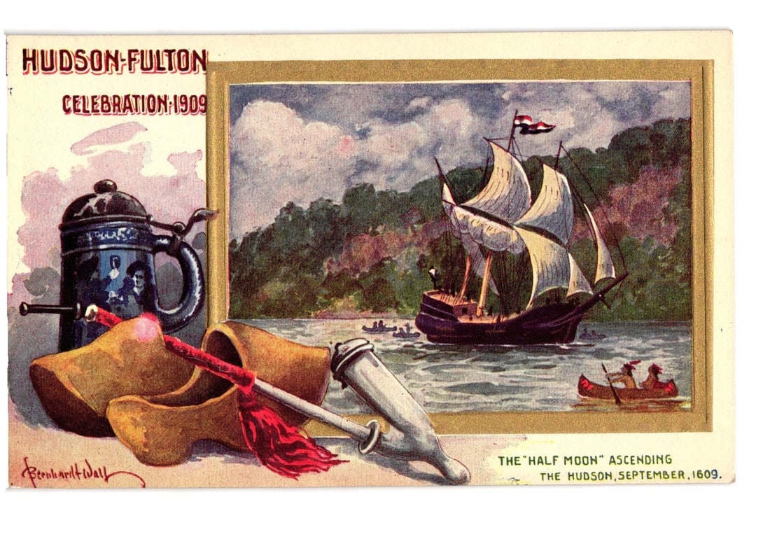 Hudson-Fulton Celebration 1909 postcard with Half Moon ship and Dutch cultural artifacts. (1 of 2)