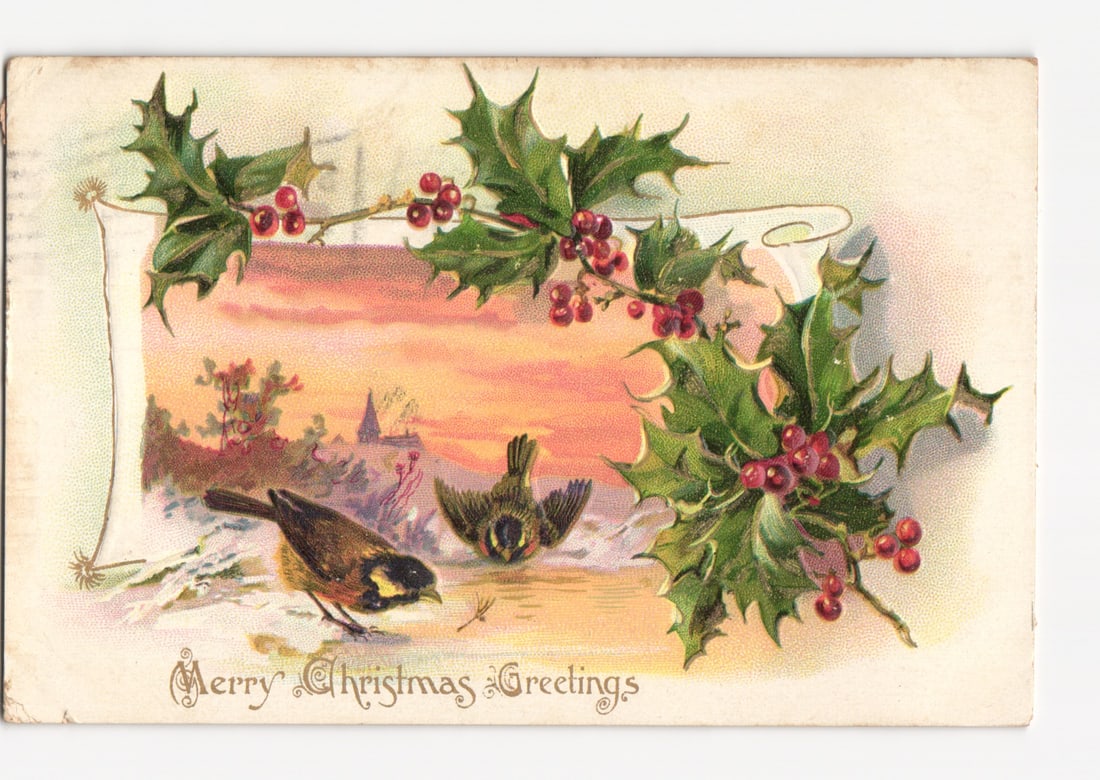 1906 Christmas postcard with winter scene, two birds, holly, and 'Merry Christmas Greetings'. (1 of 2)