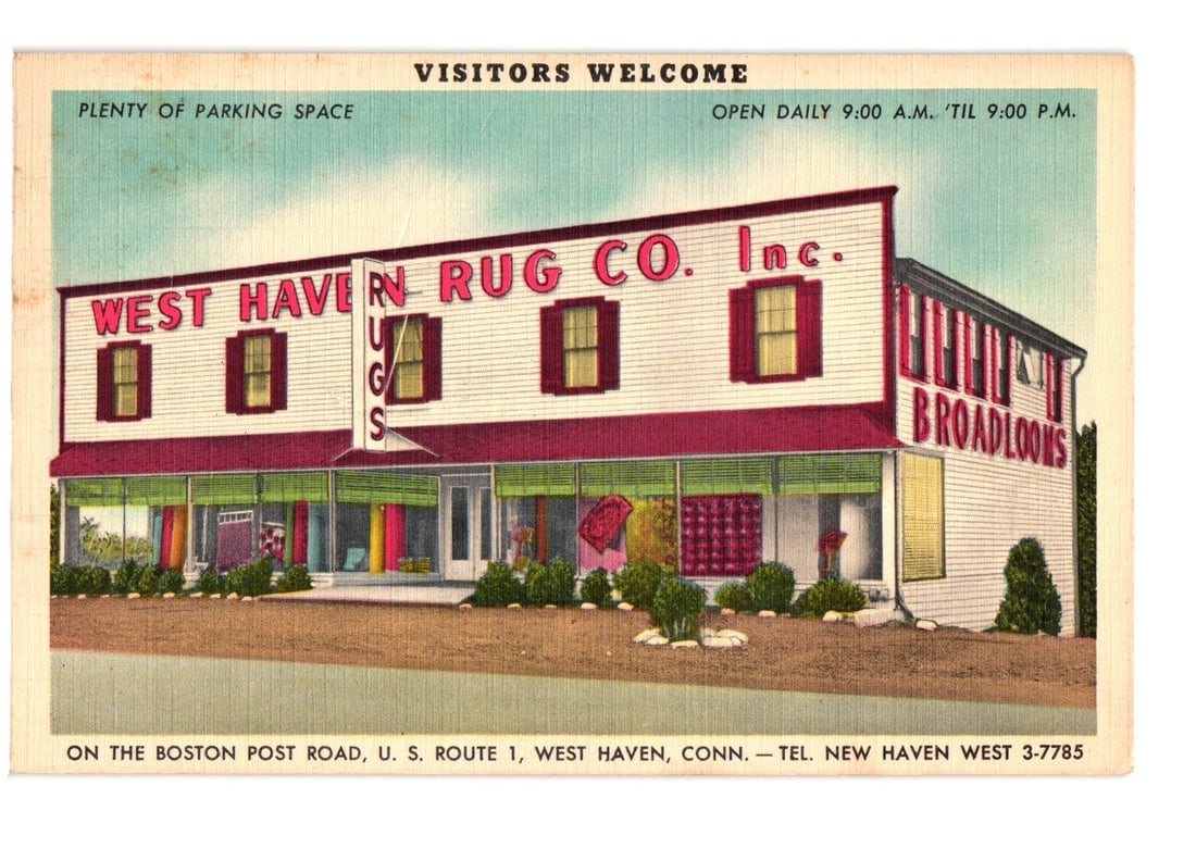 West Haven Rug Co. Inc. storefront on Boston Post Road, U. S. Route 1, West Haven, Conn. postcard. (1 of 2)