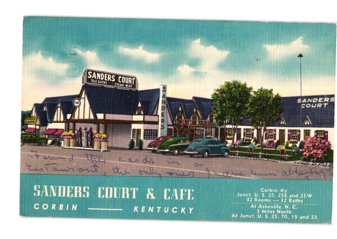 Historic Sanders Court & Cafe Motor Court, Corbin, Kentucky, 1940s-era vintage postcard: A chromolithograph or photochrome view of Sanders Court & Cafe. Multiple buildings with gabled roofs and some half-timbered facades. A large sign on the central building reads 'SANDERS COURT / TILE BA
