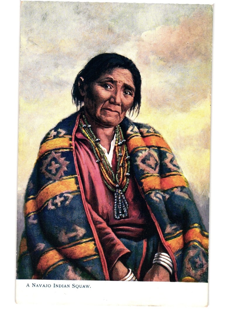 Navajo Indian Squaw Portrait Chromolithograph Postcard, Southwestern USA, Early 20th Century: An illustrated portrait depicts an Indigenous woman identified as a Navajo Indian Squaw, shown from the waist up. She has dark hair and wears a red garment, layered beaded necklaces, and multiple silv