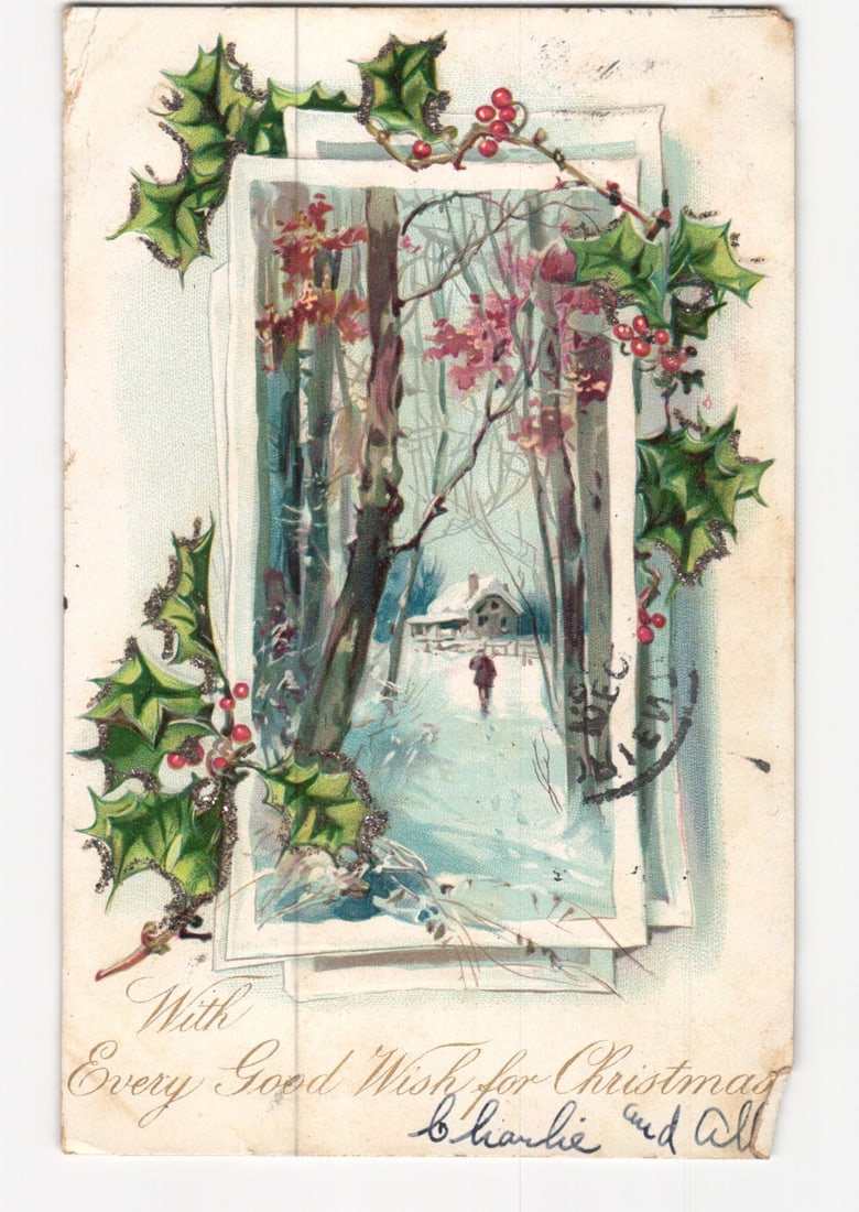 Glittered Holly Christmas Postcard with Winter Scene, Raphael Tuck & Sons, Early 1900s. (1 of 2)