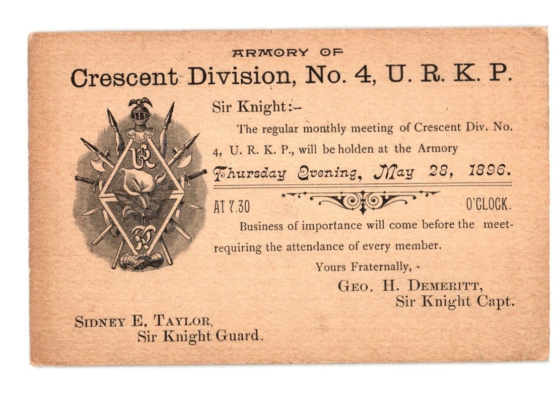 1896 Knights of Pythias Crescent Division No. 4 Meeting Invitation Postcard, Dover, New Hampshire: Meeting notice for the Crescent Division, No. 4, U. R. K. P., an organization of the Knights of Pythias. An intricate emblem is prominent on the left, featuring a helmet, crossed swords, shield, hourg