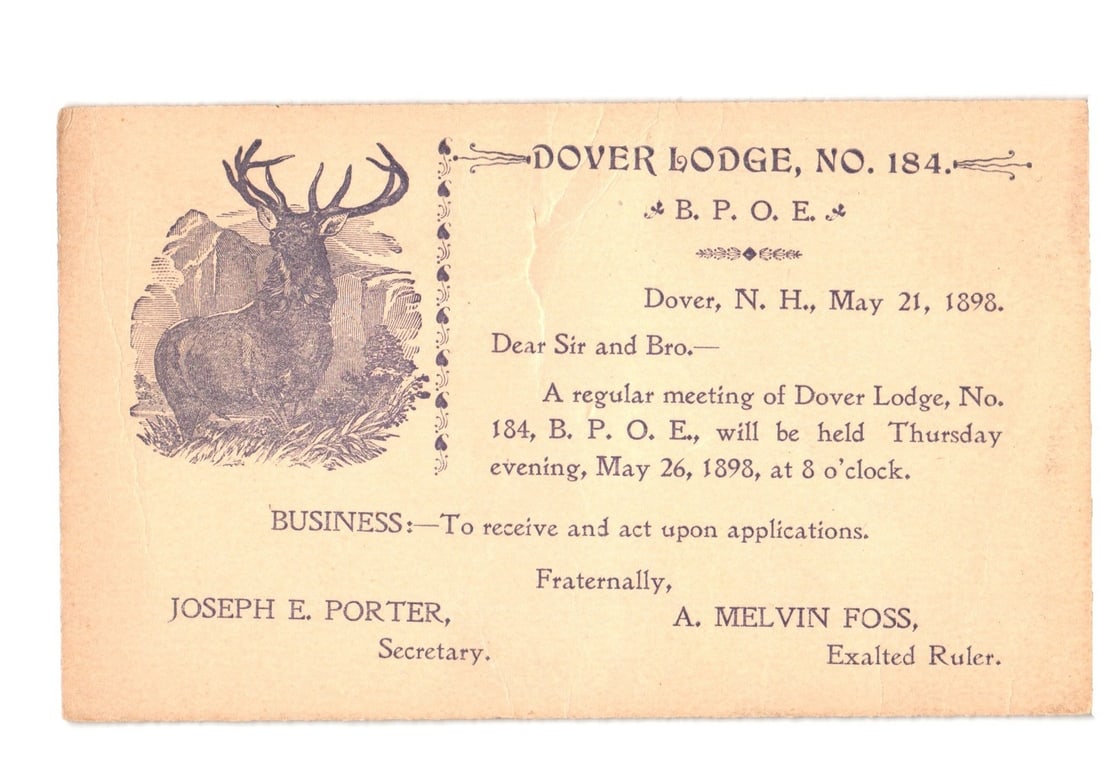 Engraved Elk Dover Lodge B. P. O. E. Meeting Notice Postcard, New Hampshire, May 1898 (1 of 2)