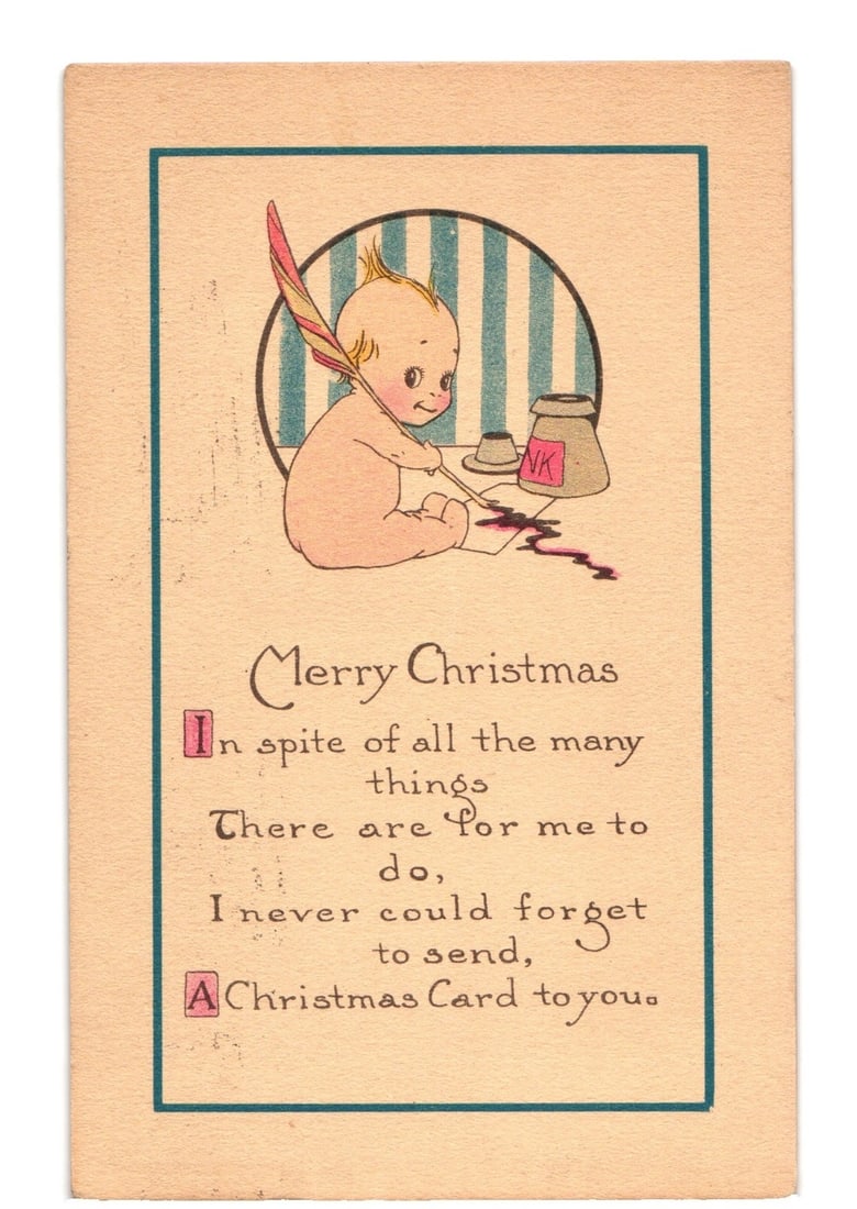 Vintage Illustrated Christmas Postcard of Baby Writing with Feather Quill, Ink Pot, Milford, CT: A stylized illustration depicts a cherubic, nude baby-like figure seated, writing with a large feather quill. The figure has spiky light hair and is focused on a paper, with ink spattered below the qu