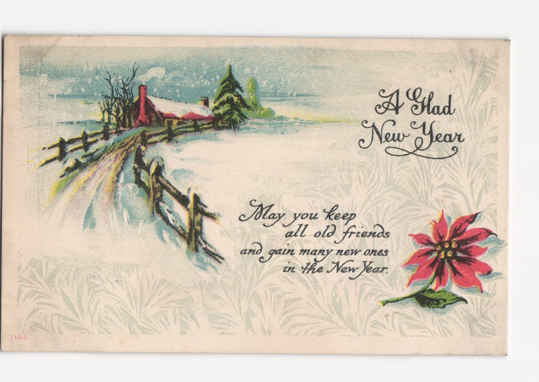 1916 New Year Winter Landscape Postcard with Snow-Covered House and Poinsettia Illustration (1 of 2)