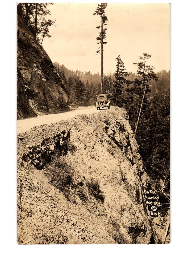 Early 20th Century Automobile on Steep Mountain Road, Redwood Highway, Real Photo Postcard (1 of 2)