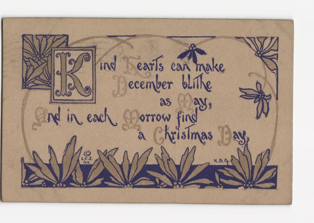 1910 LHUBRIE & ELKUS Illustrated Christmas Verse Postcard with Decorative Art Nouveau 'K' Lettering (1 of 2)