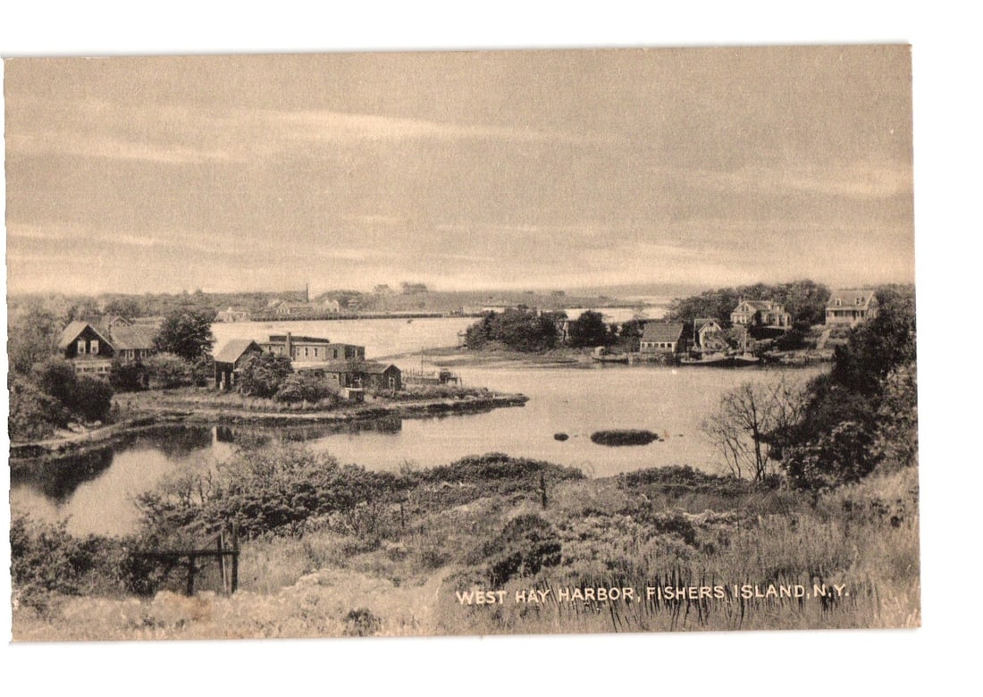 Historic sepia-toned collotype postcard depicting West Hay Harbor, Fishers Island, N.Y. (1 of 2)