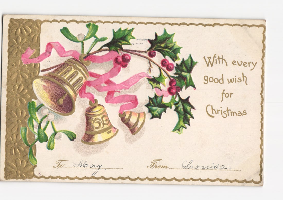 Festive Christmas Bells, Holly, and Mistletoe Holiday Greetings Chromolithograph Postcard, Circa: Central chromolithograph image depicts three golden bells, adorned with a flowing pink ribbon. Sprigs of green holly with red berries and mistletoe with white berries intertwine with the ribbon and be