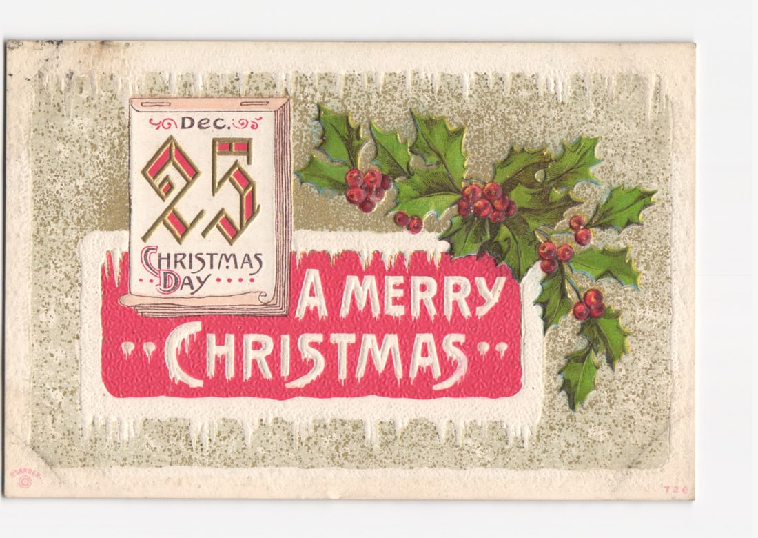 Greenport, N.Y. Dec. 22 Chromolithograph Christmas Day postcard with Holly and Icicles (1 of 2)