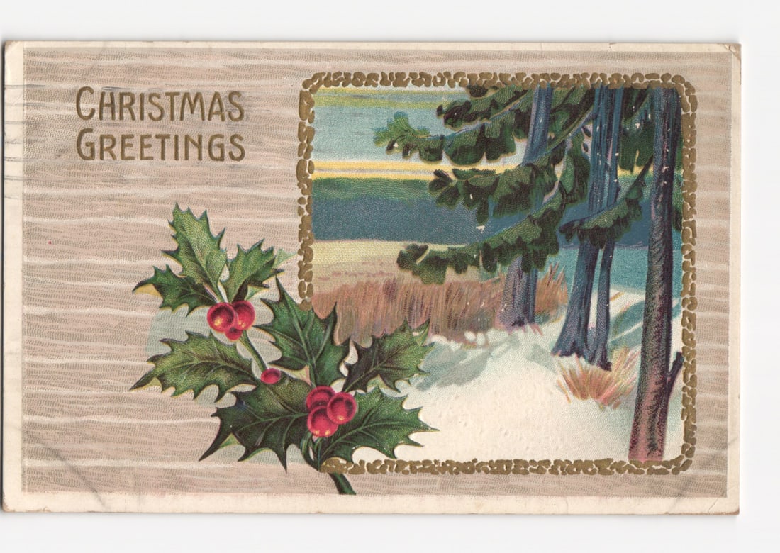 Early 20th Century Chromolithograph Christmas Greetings Postcard with Holly and Winter Forest (1 of 2)