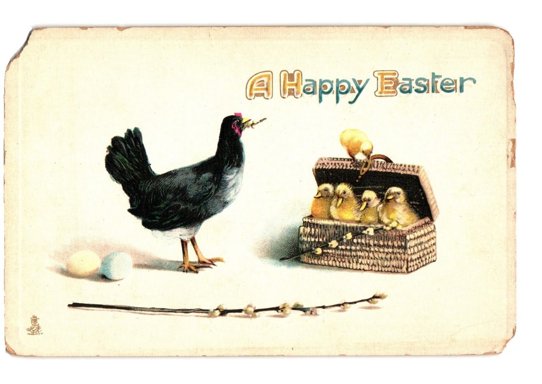 Raphael Tuck & Sons 'Chicks and Rabbits' Easter postcard, Black Hen with Chicks in Basket (1 of 2)