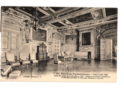 Opulent Louis XIII Salon at Palace of Fontainebleau, France, detailed interior view postcard.