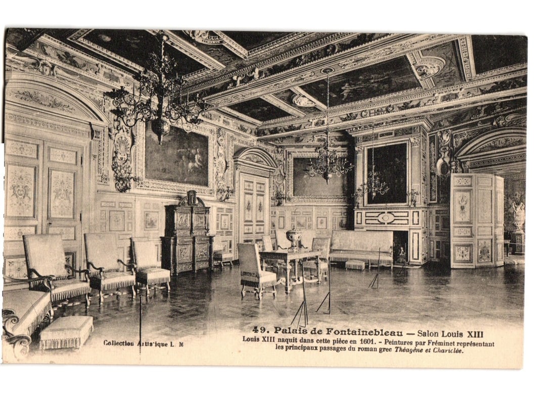 Opulent Louis XIII Salon at Palace of Fontainebleau, France, detailed interior view postcard. (1 of 2)