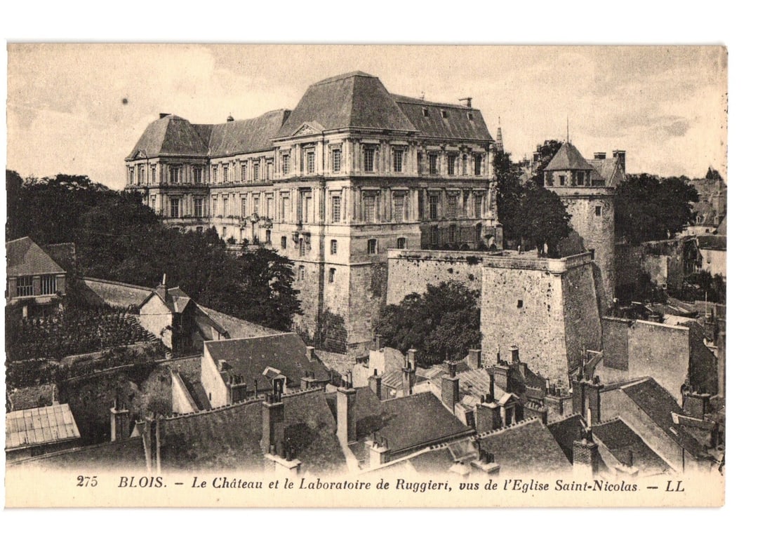 Blois Chateau and Ruggieri's Laboratory, France, Historic City View, sepia postcard. (1 of 2)