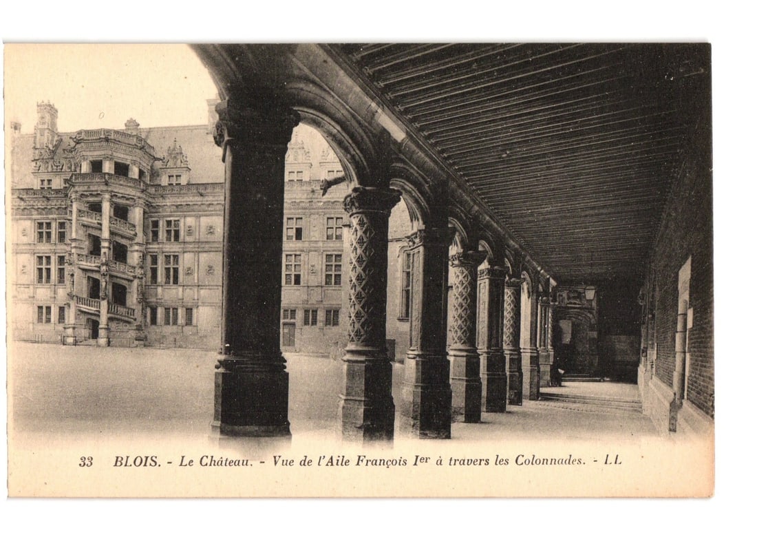 Detailed View of Blois Chateau, Francis I Wing and Colonnades, France, early 20th-century postcard: A perspective view through a series of dark stone arches forming a colonnade, leading towards the Blois Chateau. The chateau's Francis I Wing is visible in the background, featuring a prominent exteri