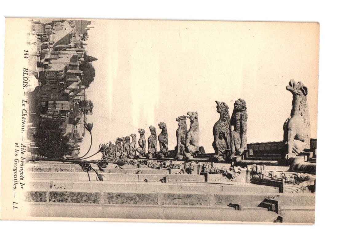 Blois, Le Chateau: French Wing Gargoyles and Sculptures, Early 20th Century postcard.: A long row of stone gargoyles and statues, primarily zoomorphic, is depicted lining a balustrade or roofline against a light, plain sky. The statues decrease in apparent size from right to left, with 