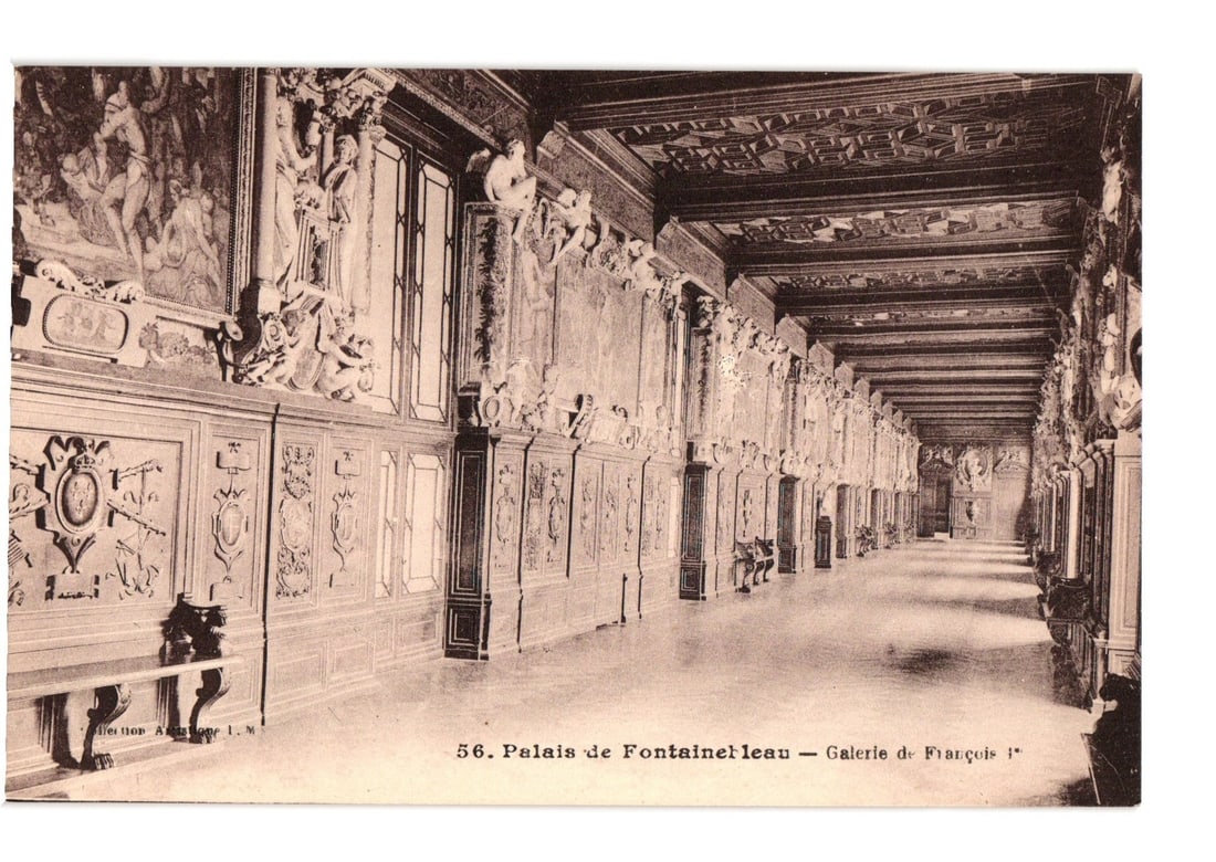 Detailed view of the ornate Gallery of Francis I at the Palace of Fontainebleau, France postcard (1 of 2)