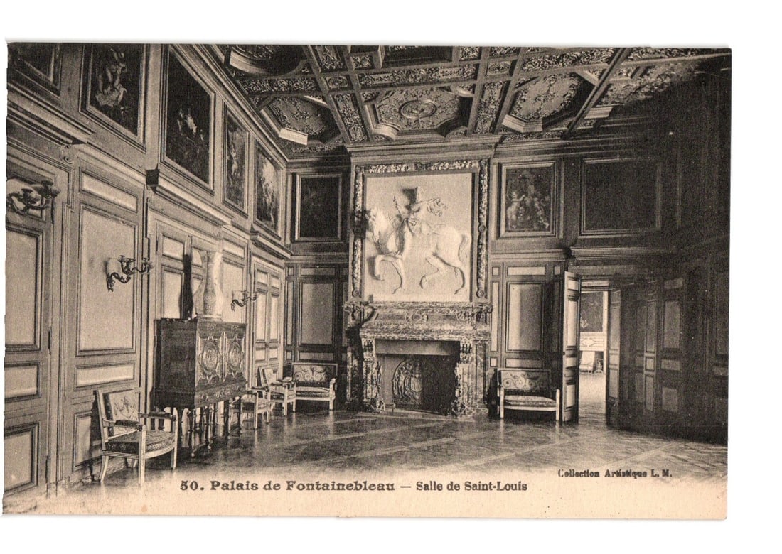 Ornate Salle de Saint-Louis Interior, Fontainebleau Palace, France, featuring large relief sculpture: An ornate interior view of the Salle de Saint-Louis in the Palais de Fontainebleau. The room features a richly decorated coffered ceiling and extensive wood paneling on the walls, adorned with paintin