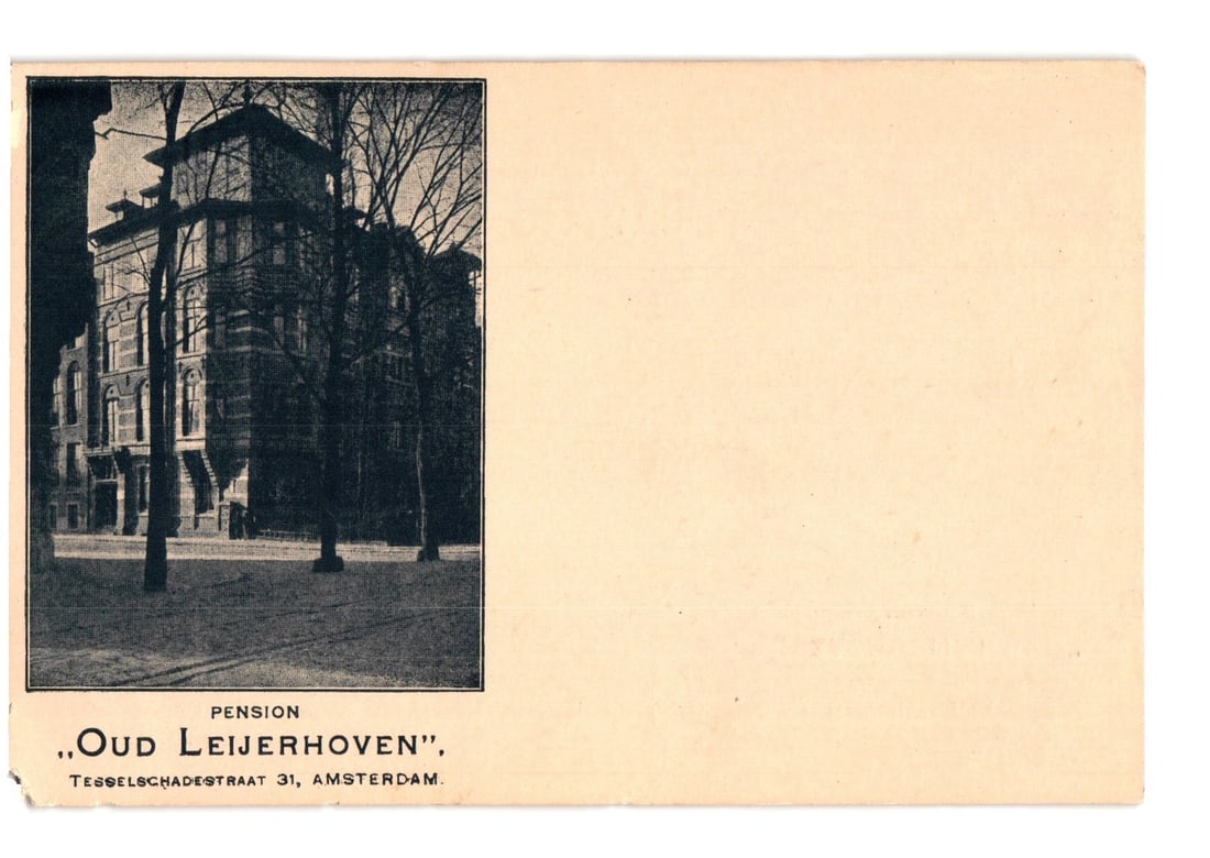 Historic Amsterdam Pension Oud Leijerhoven Building on Tesselscadestraat Street View Postcard, c. (1 of 2)