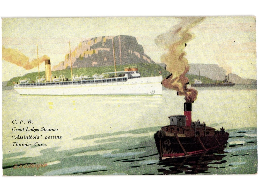 C. P. R. Great Lakes Steamer 'Assiniboia' passing Thunder Cape, with tugboat, vintage postcard (1 of 2)